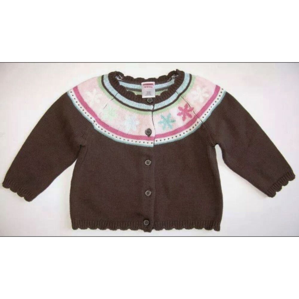 Gymboree girls Sweater 12-18 brown pink green Winter snowflake button cardigan